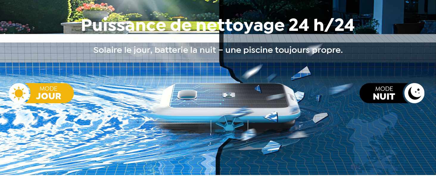 Le texte indique « Puissance de nettoyage 24 heures sur 24 ». Série d'images montrant des équipements de nettoyage de piscines et des systèmes de filtration d'eau en fonctionnement.