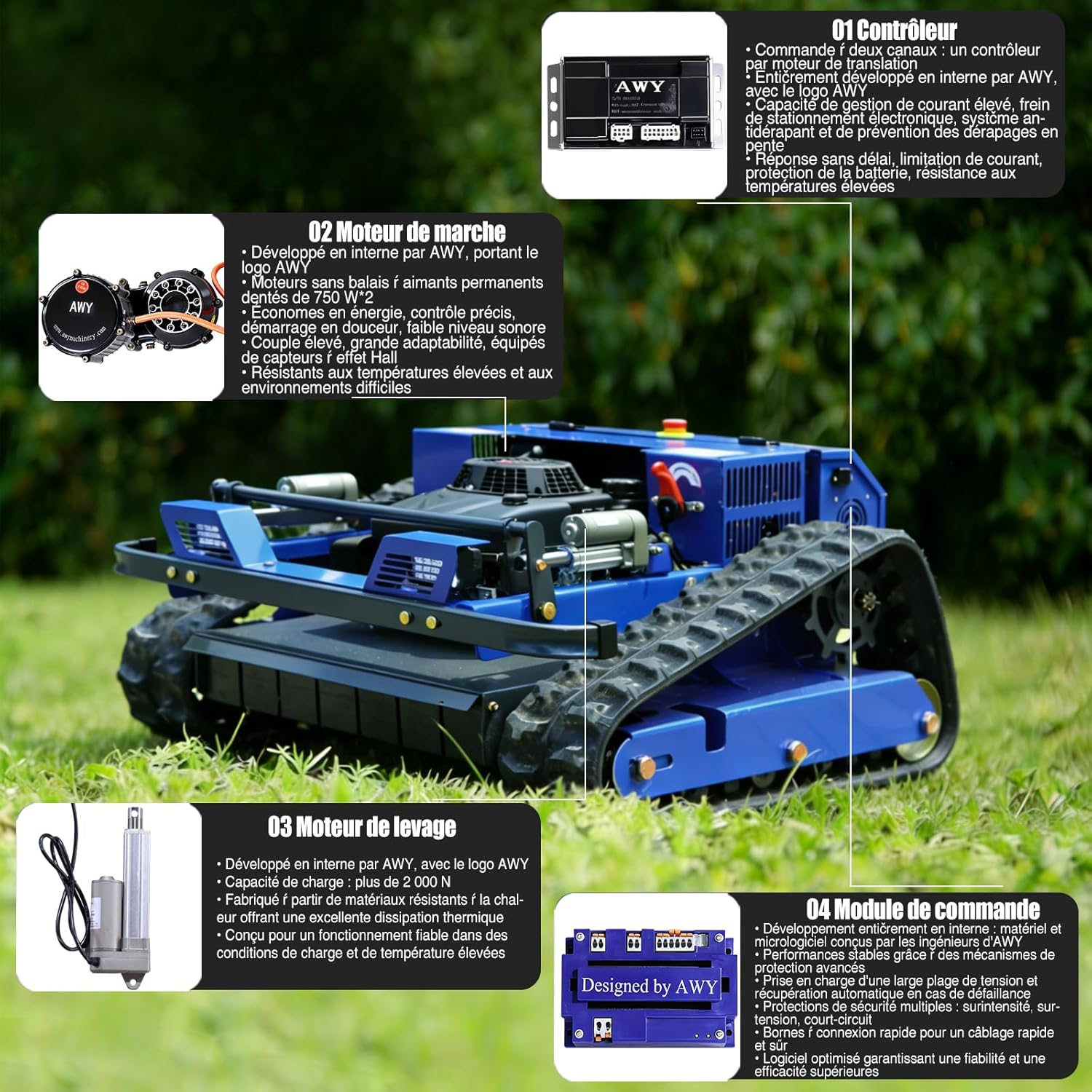 Tondeuse à gazon - hybride huile/électrique - tout-terrain - 4WD, télécommandée