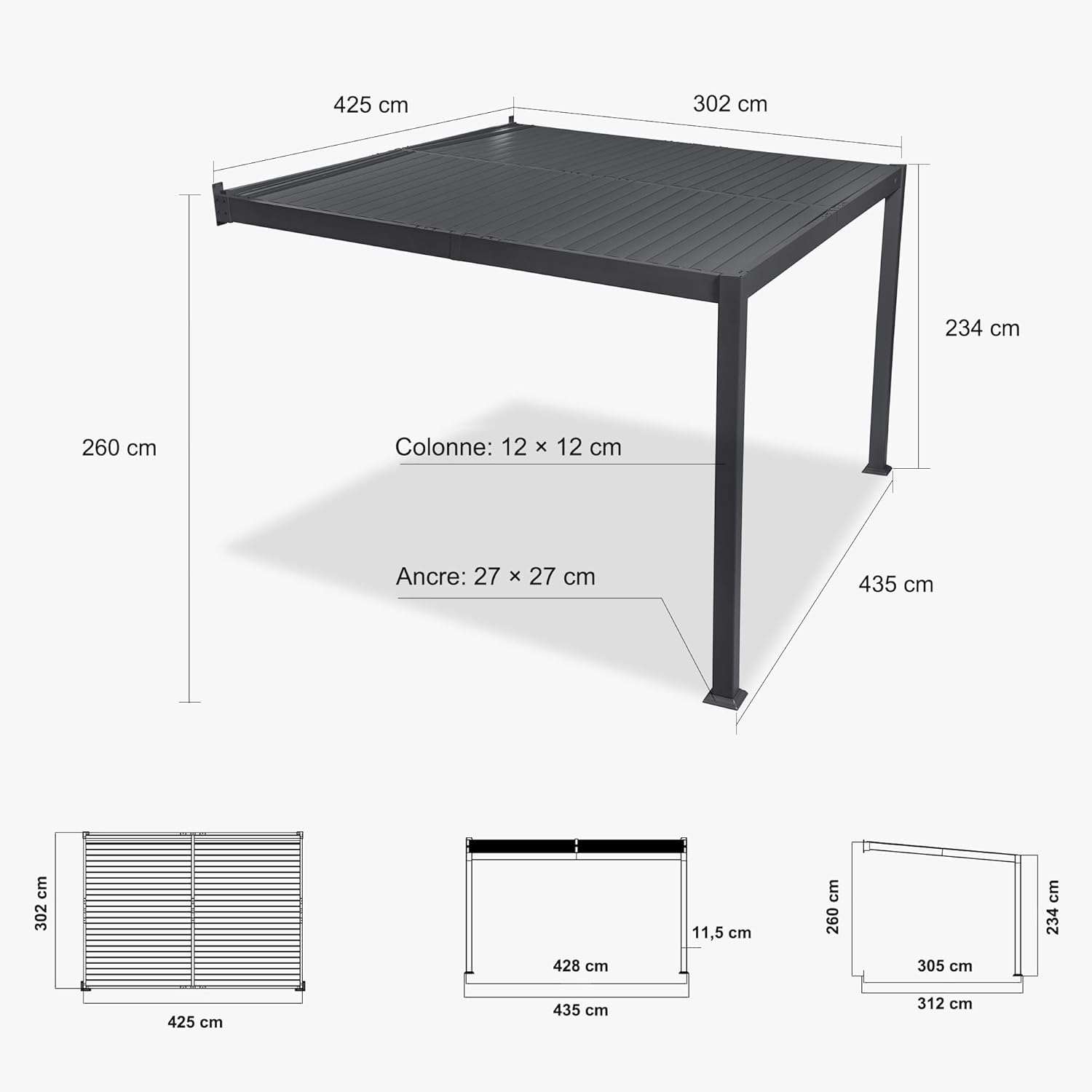 jardinite - Pergola bioclimatique adossée - 3x4,25m - aluminium, lames orientables, résistante UV et pluie