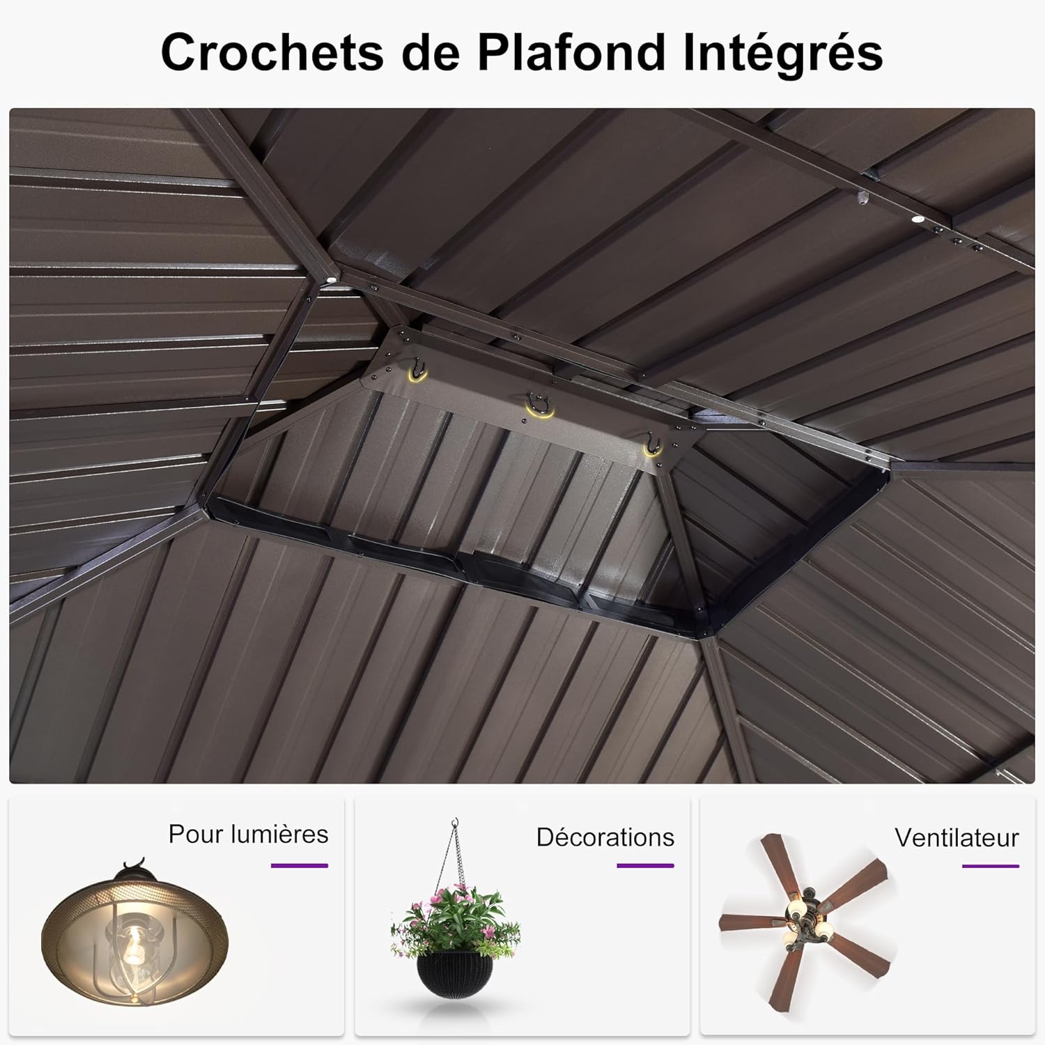 jardinite - pergola double toit rigide 6x3,65m, aluminium, guirlande, rideaux