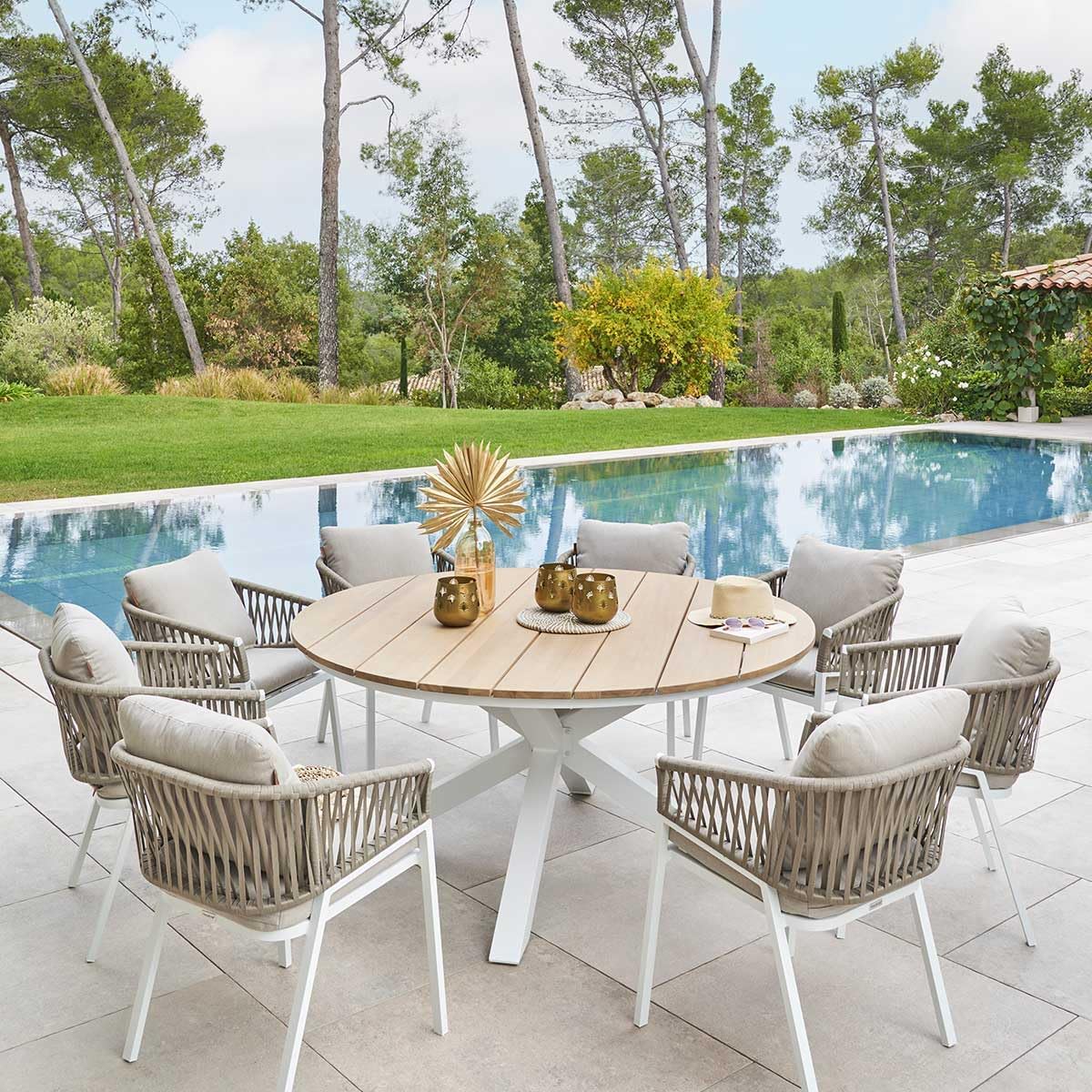 jardinite - Oriengo - diamètre 160 cm - aluminium acacia 8 places