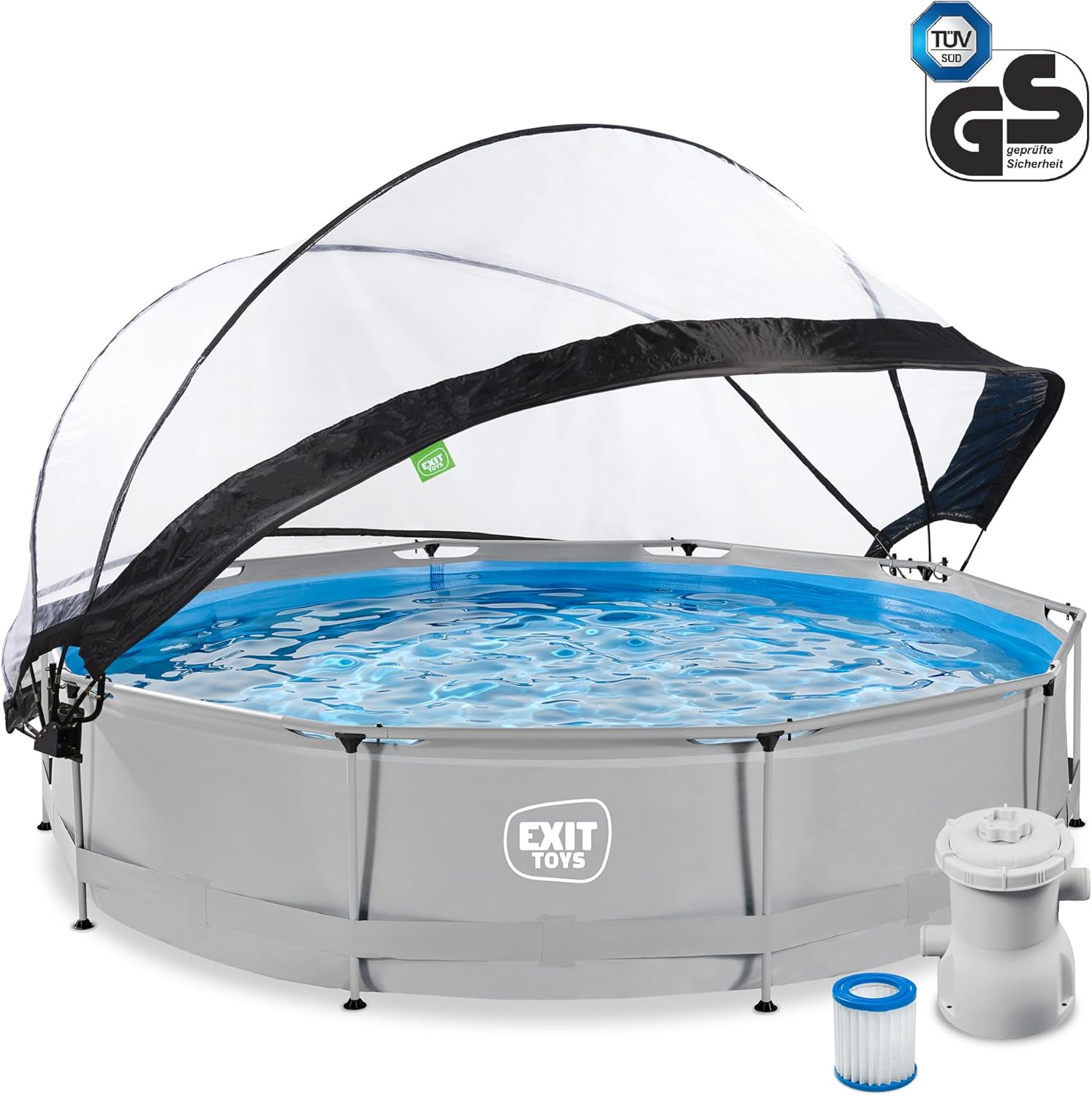 jardinite Piscine Tubulaire Soft Grey avec Dôme Multifonctionnel - ø360x76cm - Piscine Hors Sol Ronde avec Pompe Filtrante à Cartouche - Entrée Basse - Pour l'Eau de la Piscine Propre et Chaude - Gris