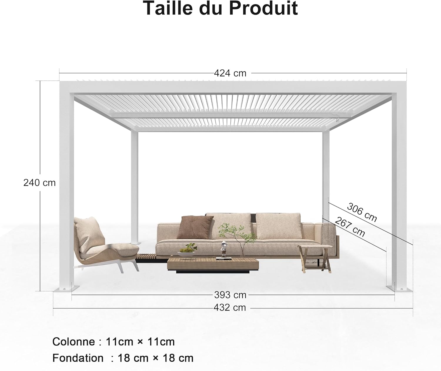 jardinite - Pergola Bioclimatique - 4,24x3m - Aluminium, lames orientables, blanc