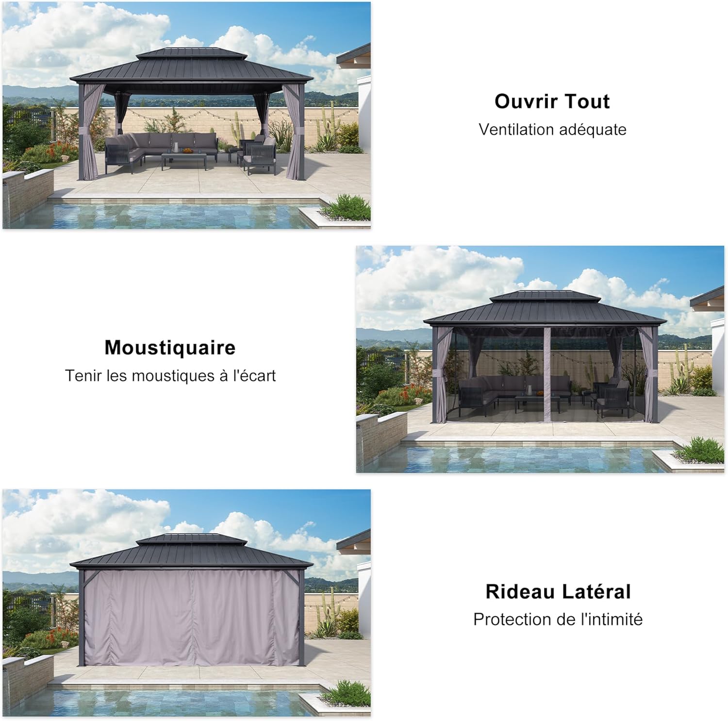 jardinite - pergola série double toit - 4,85x3,65 m - alu acier, rideaux, moustiquaire
