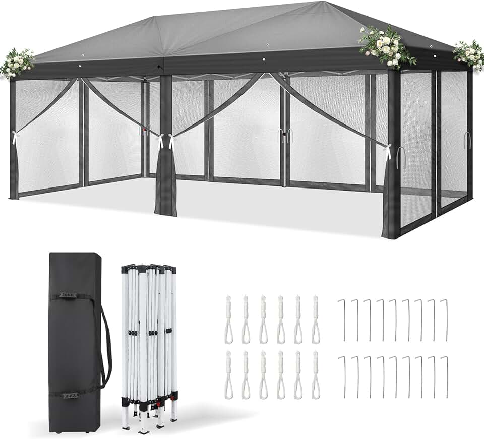 jardinite Tonnelle Pliable 3x6 m Imperméable Anti-UV 50+, Hauteur Ajustable avec 6 Moustiquaires, Structure Stable, pour Jardin, Terrasse, Camping Et Usage Professionnel,Anthracite