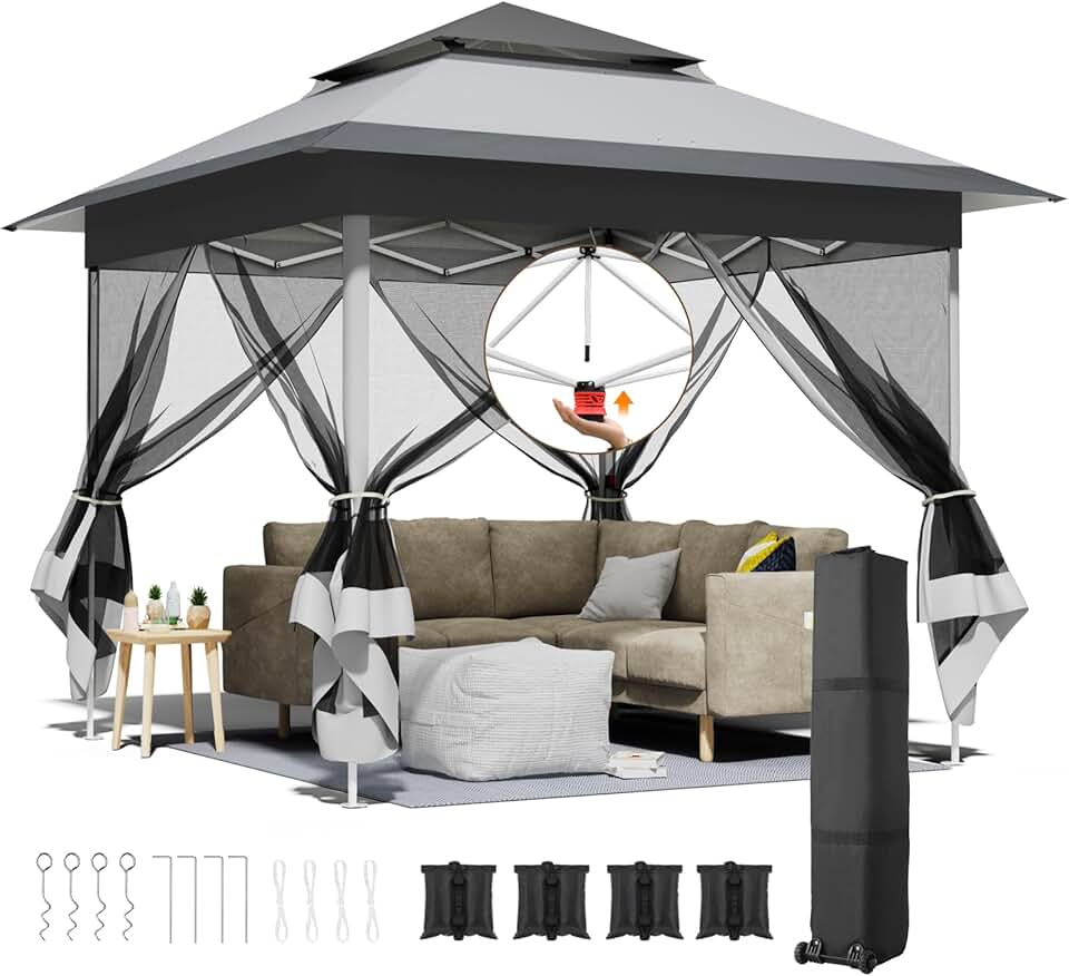 Tonnelle pliante - imperméable 3,3x3,3m - moustiquaires, double toit, sacs de sable