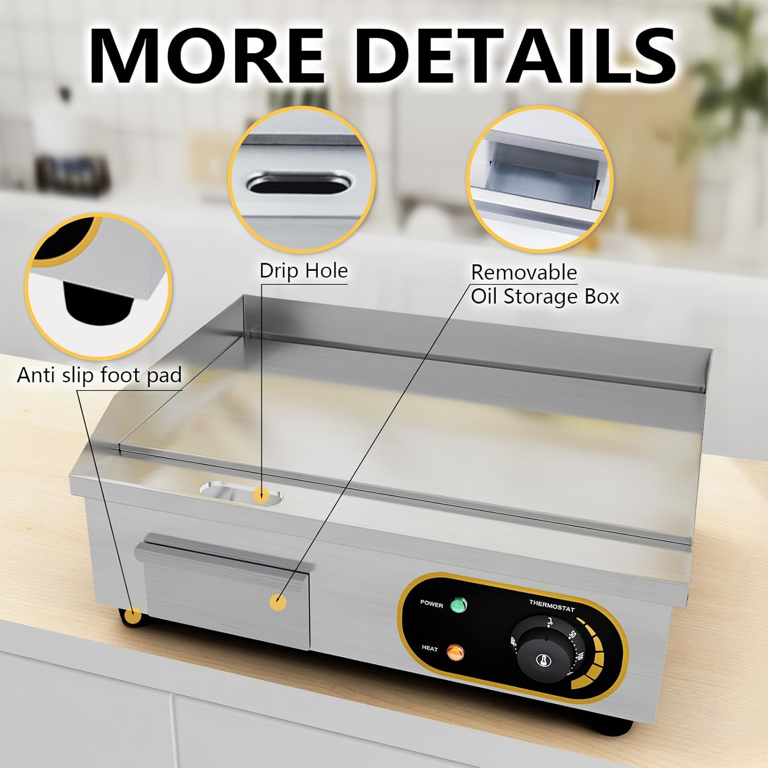 Plancha professionnelle électrique - Plaque inox lisse, 3000W, 50-300°C, bac à graisse, protection antiéclaboussures