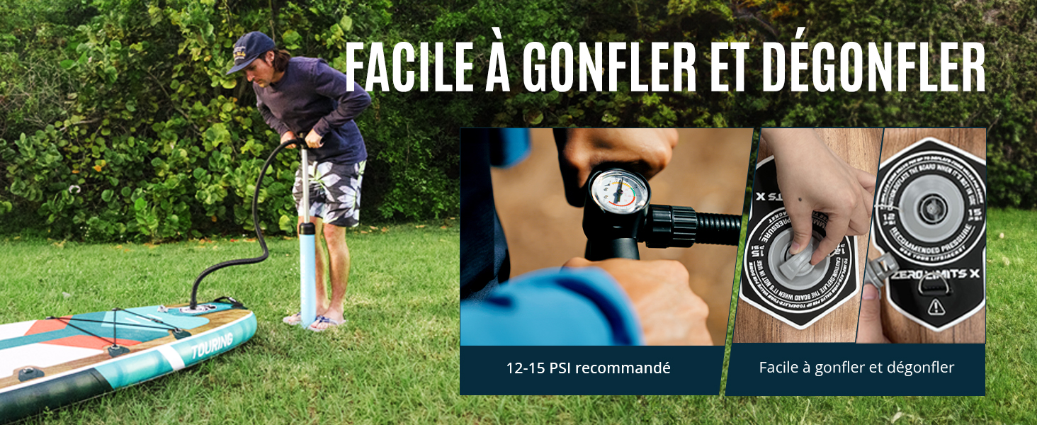 Le texte indique « FACILE A GONFLER ET DEGONFLER ». Scène extérieure illustrant le processus de gonflage de l'équipement récréatif sur l'herbe.