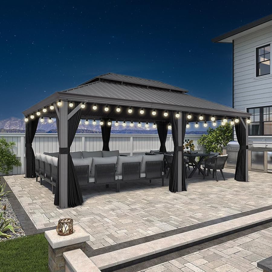 jardinite - pergola double toit - 4,25x6m - alu, rideaux, moustiquaire, guirlande