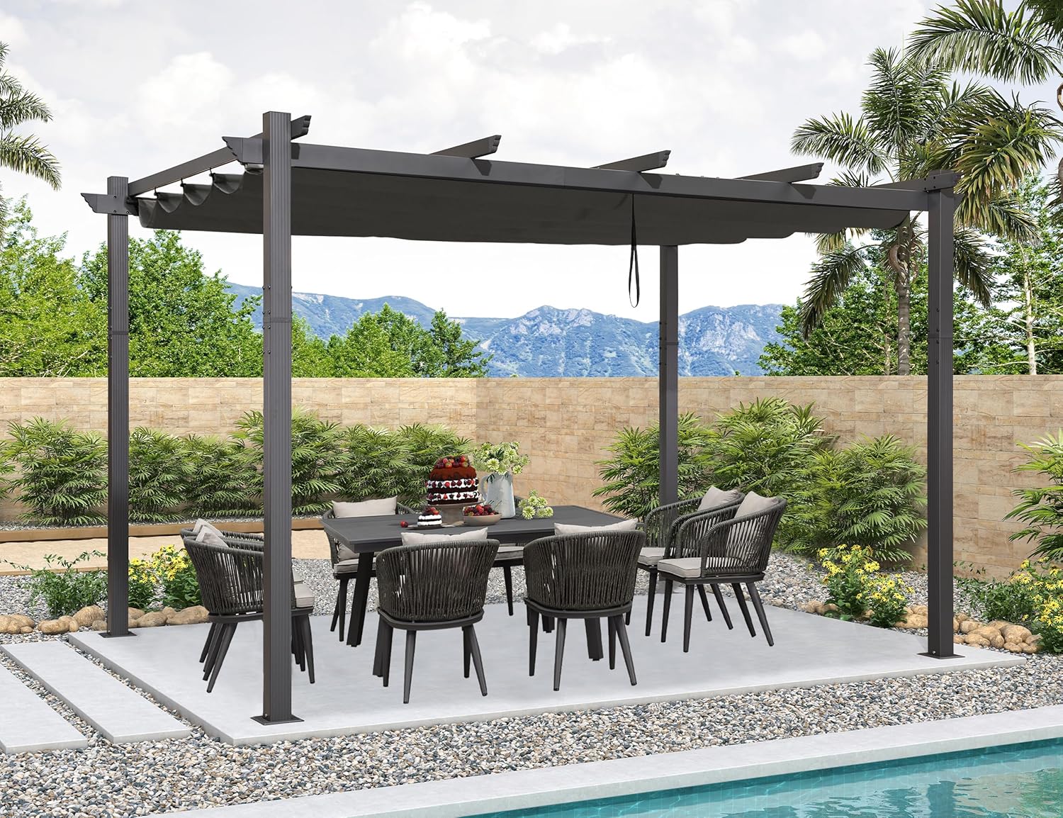 jardinite - pergola aluminium - 4x3m - toit coulissant, tissu teint