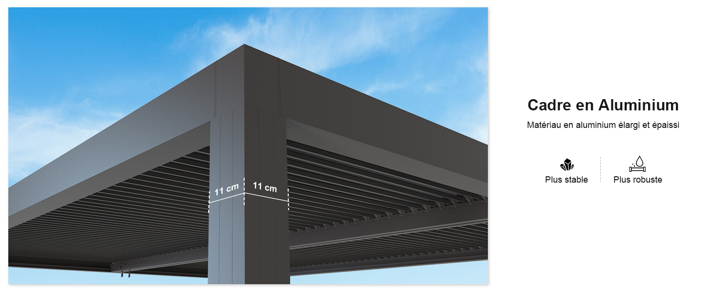 Pergola moderne à ossature en aluminium ou structure extérieure avec toit à lattes sur fond de ciel bleu, avec texte français indiquant un cadre en aluminium