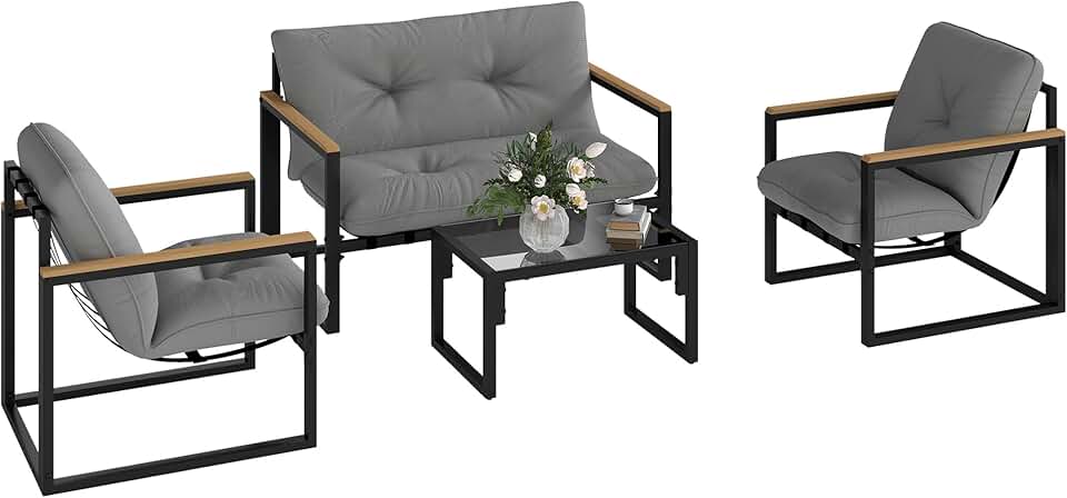 jardinite - Salon de jardin 4 places - canapé, 2 fauteuils, table en verre, coussins inclus, gris