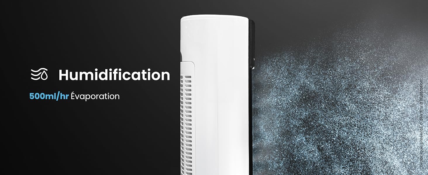 Appareil d'humidification cylindrique blanc illustré sur fond sombre avec le texte « Humidification » et un effet d'humidité visuel