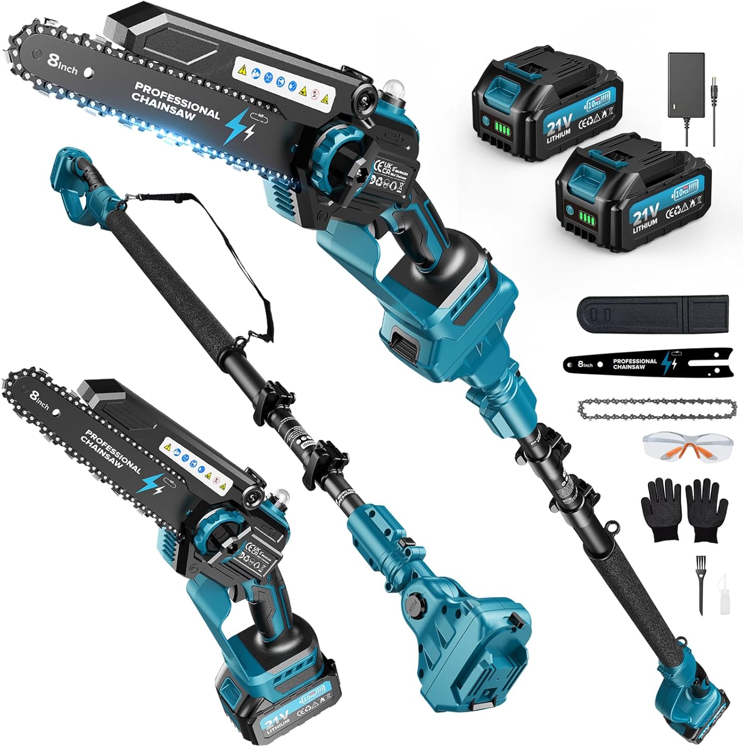 2-en-1 8 Pouces Tronçonneuse Télescopique & Mini Tronçonneuse, Tondeuse Electrique Sans Balais avec 2 Batteries de 4000 mAh, Moteur Brushless, Extension jusqu'à 4.5M