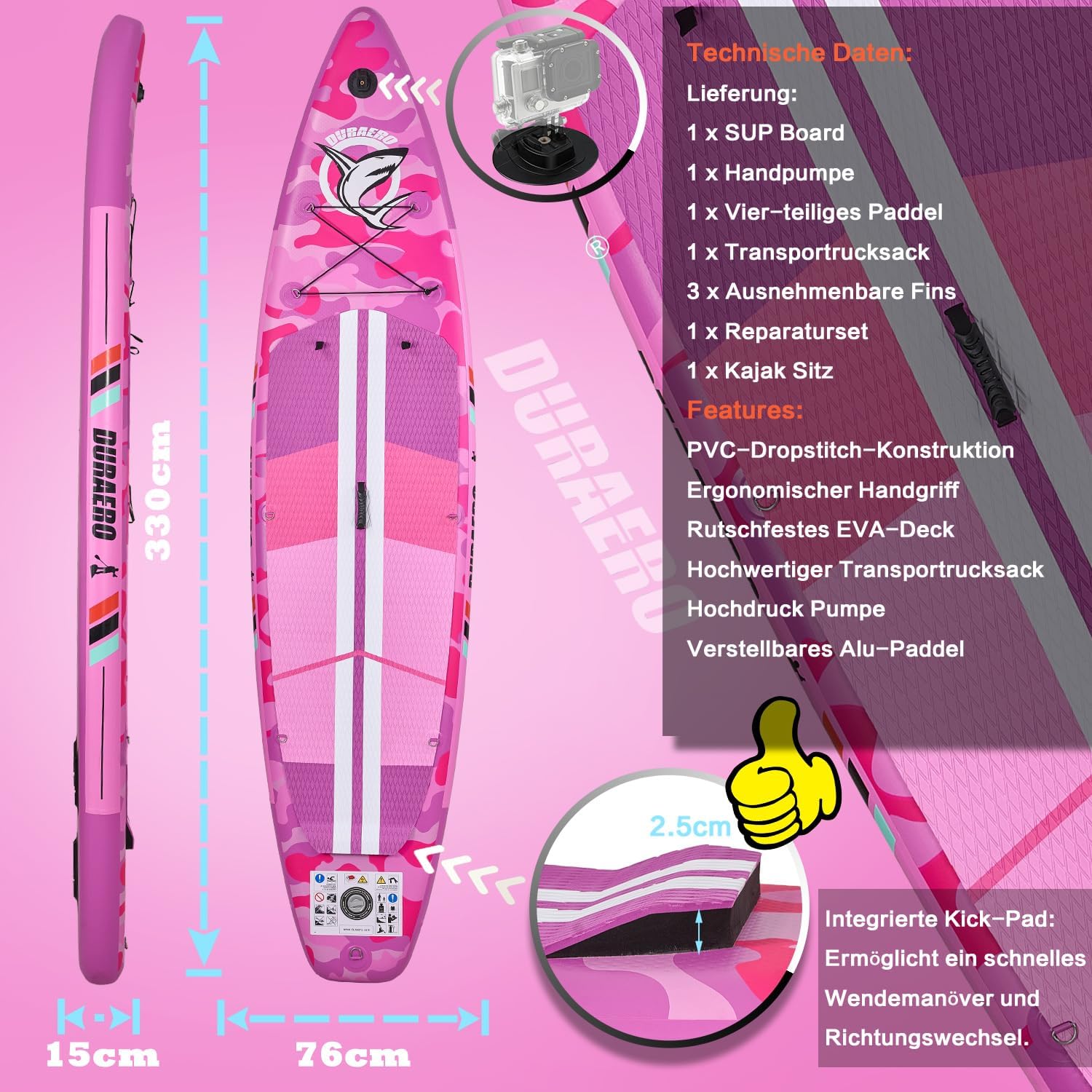 Kayak Gonflable Stand Up Paddle - 330x76x15cm - siège, pagaie 2 en 1, pompe, sac à dos, support caméra