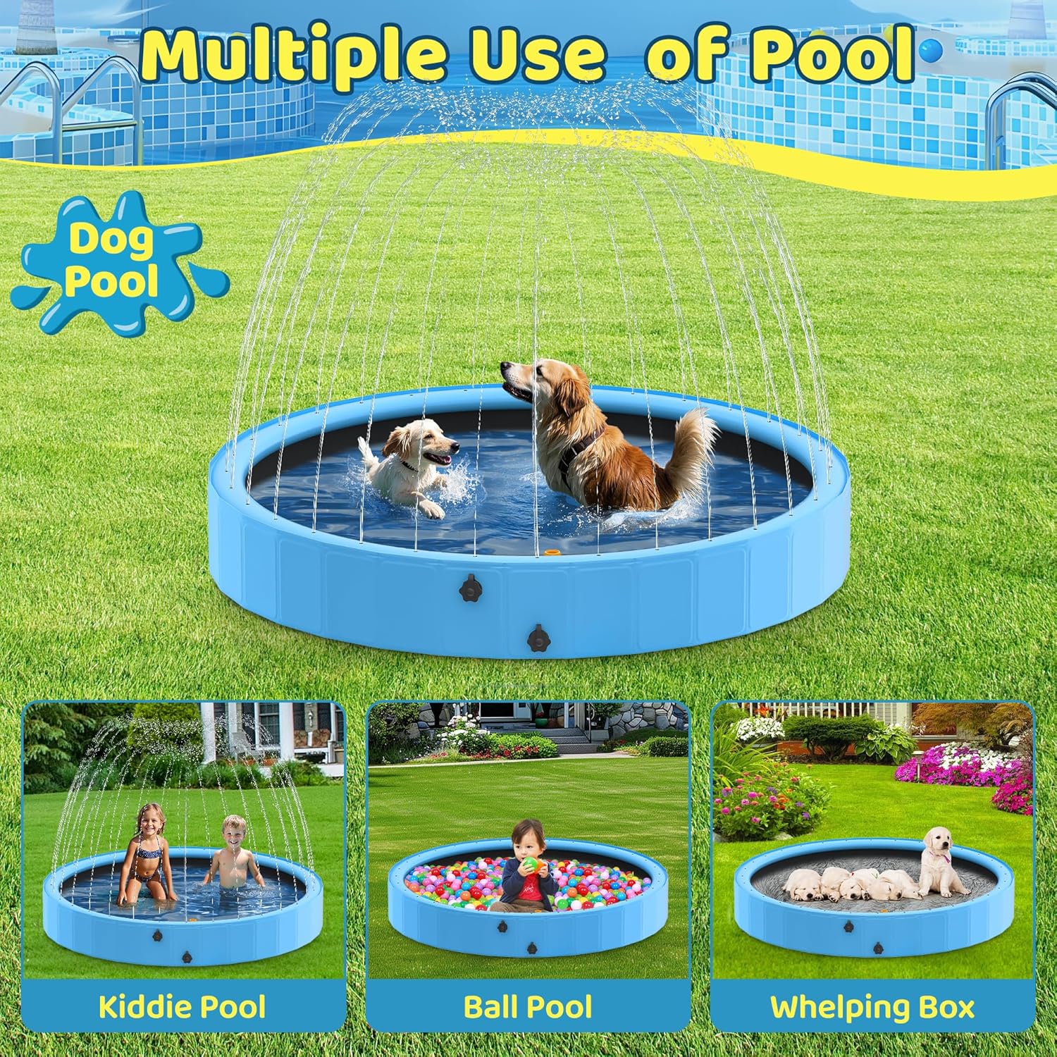 Piscine pour Chien Pliable avec Sprinkler, Grande Piscine Chien 160 cm Antidérapante en PVC avec Jet d’Eau pour Jardin et Extérieur