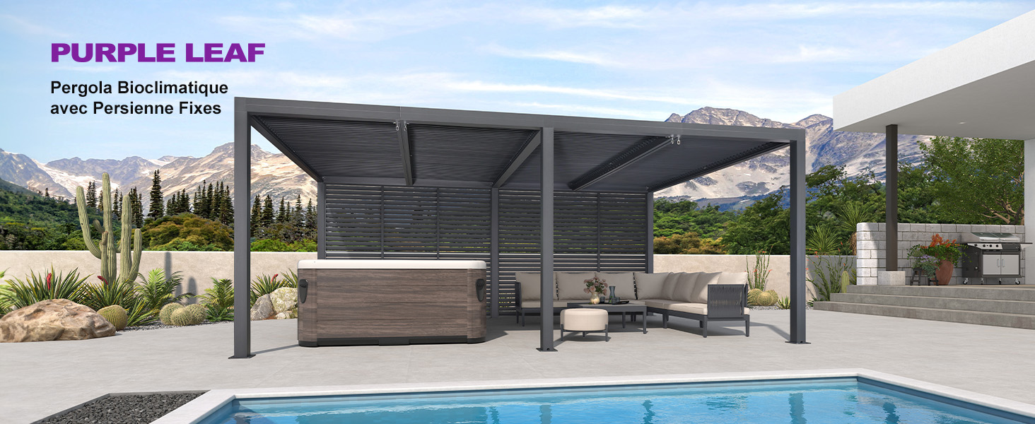 Le texte indique « FEUILLE VIOLETTE ». Pergola moderne avec système d'ombrage rétractable au-dessus du salon au bord de la piscine, avec auvent réglable et mobilier d'extérieur contemporain.