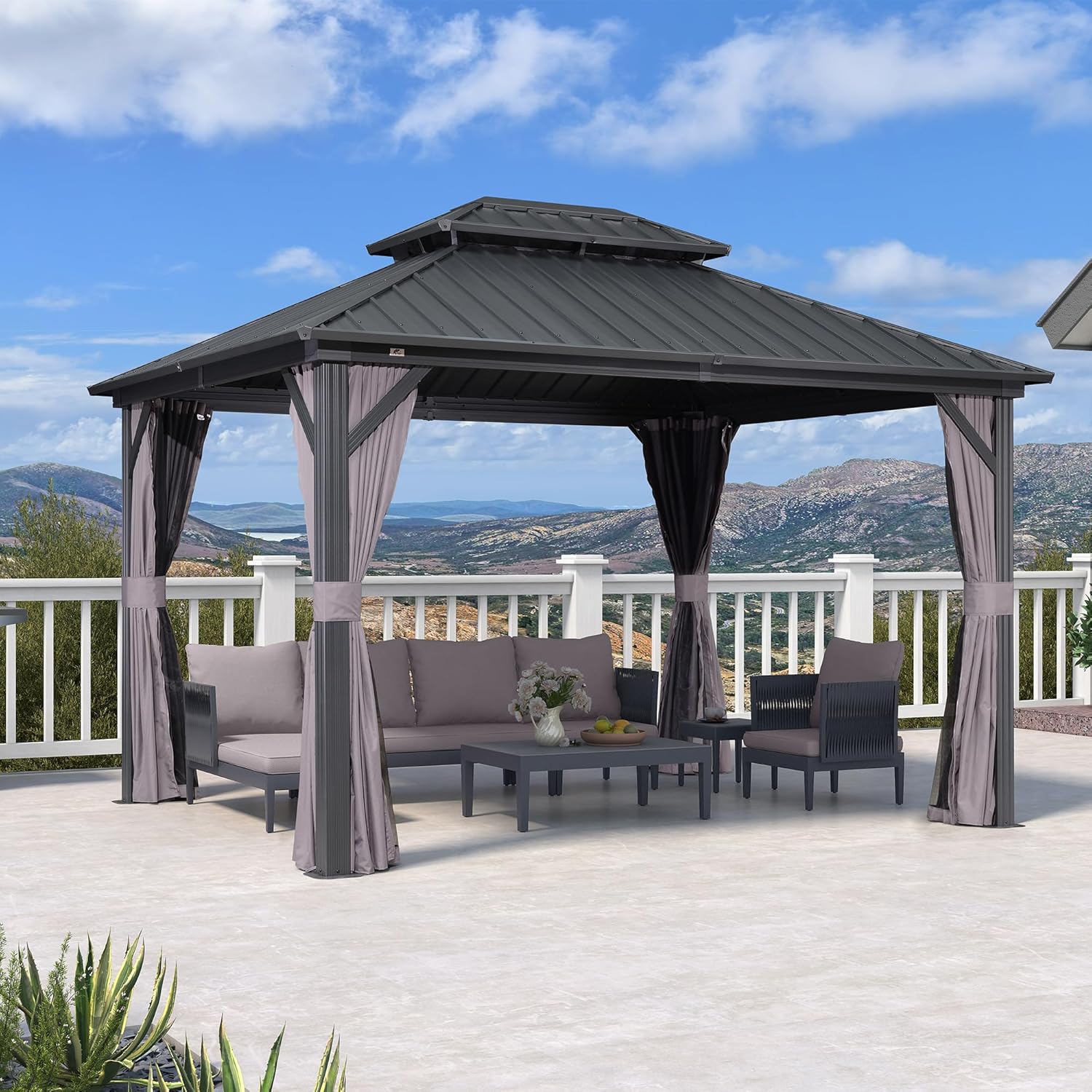 jardinite - Pergola aluminium double toit 3,65x3m rideaux moustiquaire