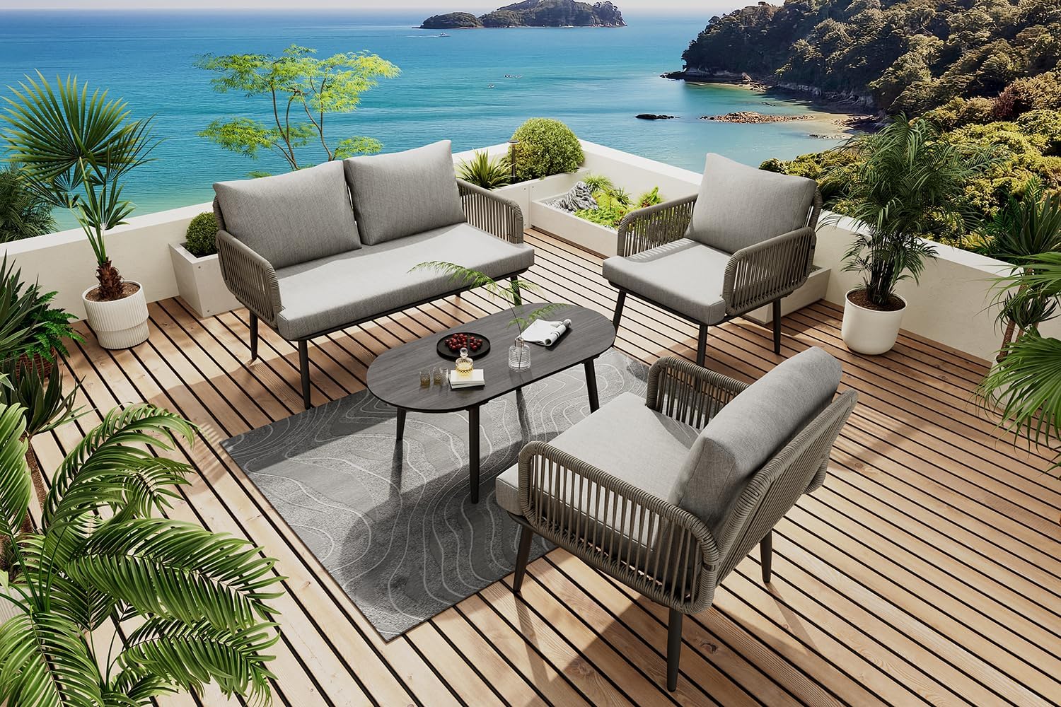 Mobilier de jardin 4 pièces - canapé, fauteuils, table - tressage main, acier galvanisé, plateau imitation bois