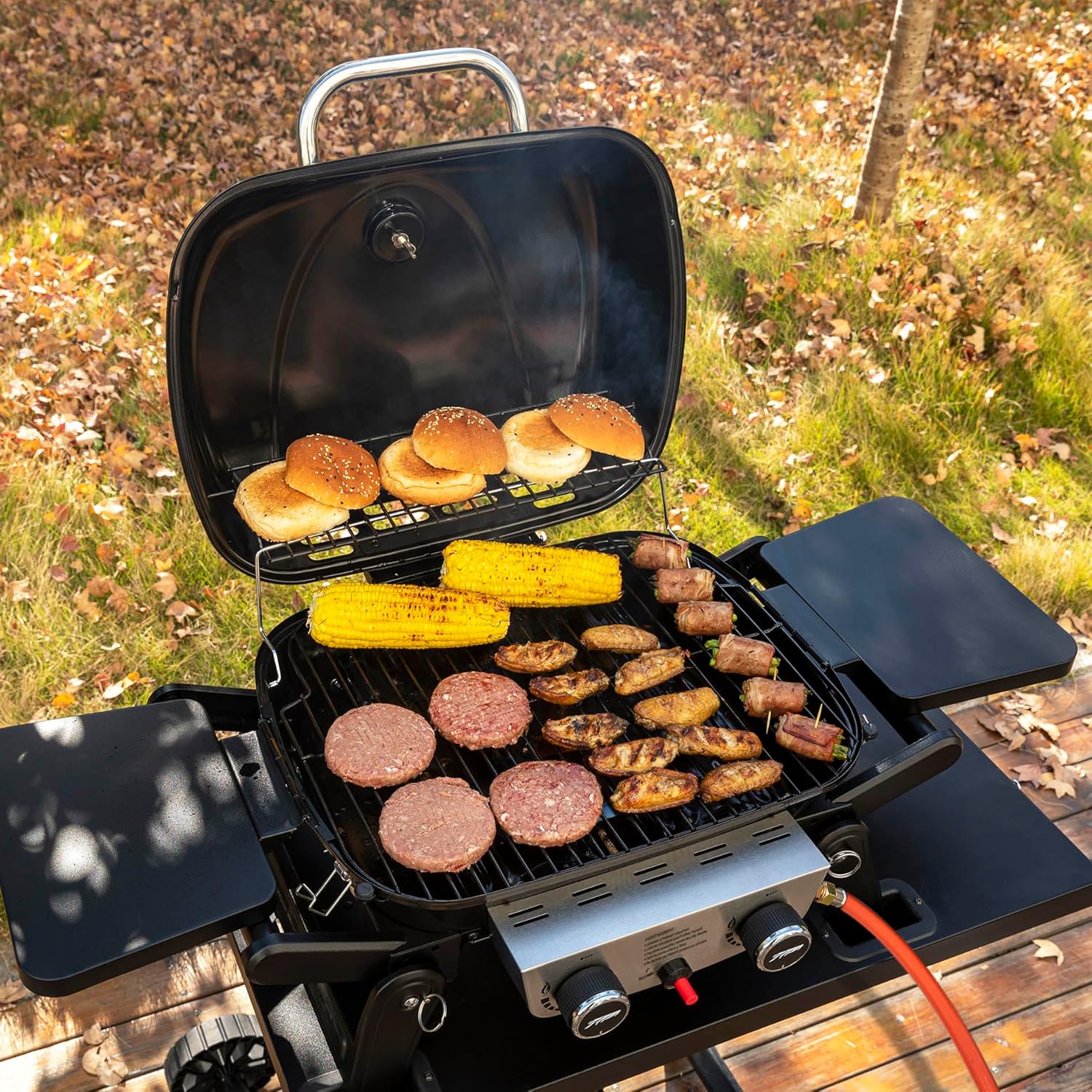 jardinite - Barbecue Gaz 2 brûleurs - 48x37 cm - tables pliables, 5kW