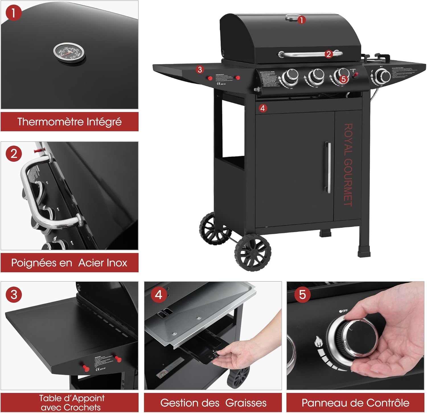jardinite - barbecue gaz 3+1 brûleurs inox - 11,5 kW - chariot, 2 roues, thermomètre