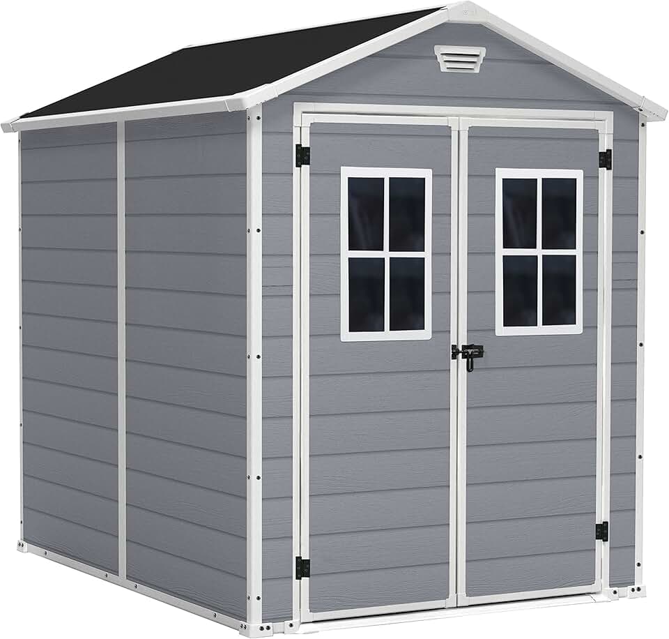 jardinite - abri de jardin Premium - 186x237x227 cm, résine gris, double porte, fenêtres - 12-929579