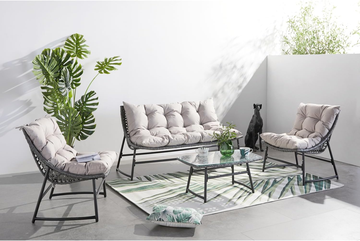 jardinite - Guahana - salon bas 4 places, acier, rotin, coussins épais