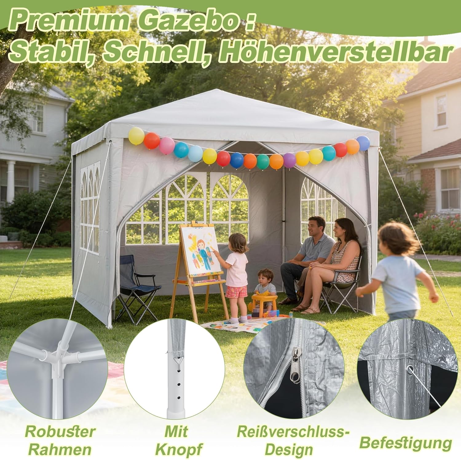 LZQ - Tonnelle de jardin, 3x6m, imperméable, 6 parois, avec fenêtres