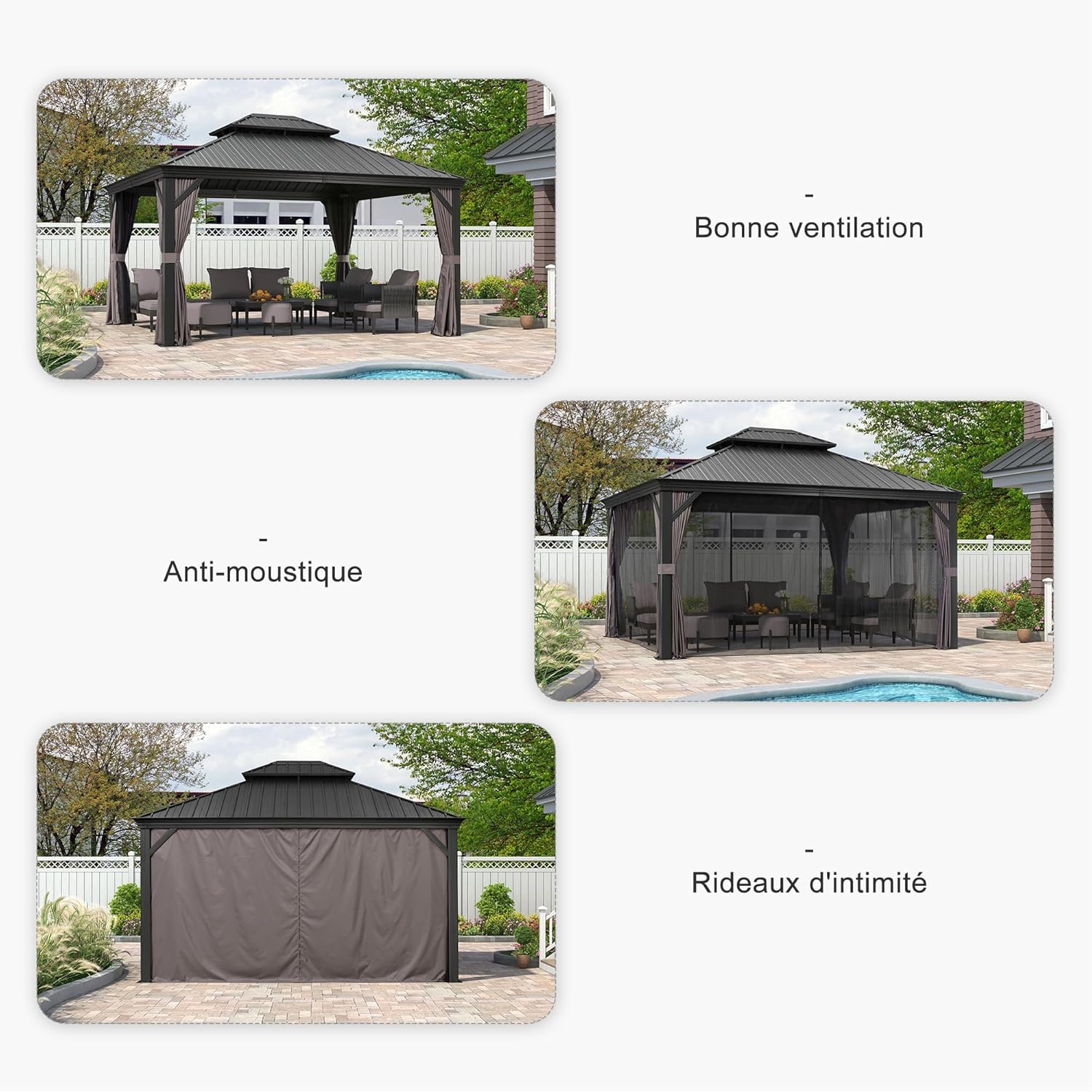 jardinite - tonnelle aluminium - 4,25x3,65m - éclairage intégré, rideaux moustiquaires, gouttière, poteaux renforcés
