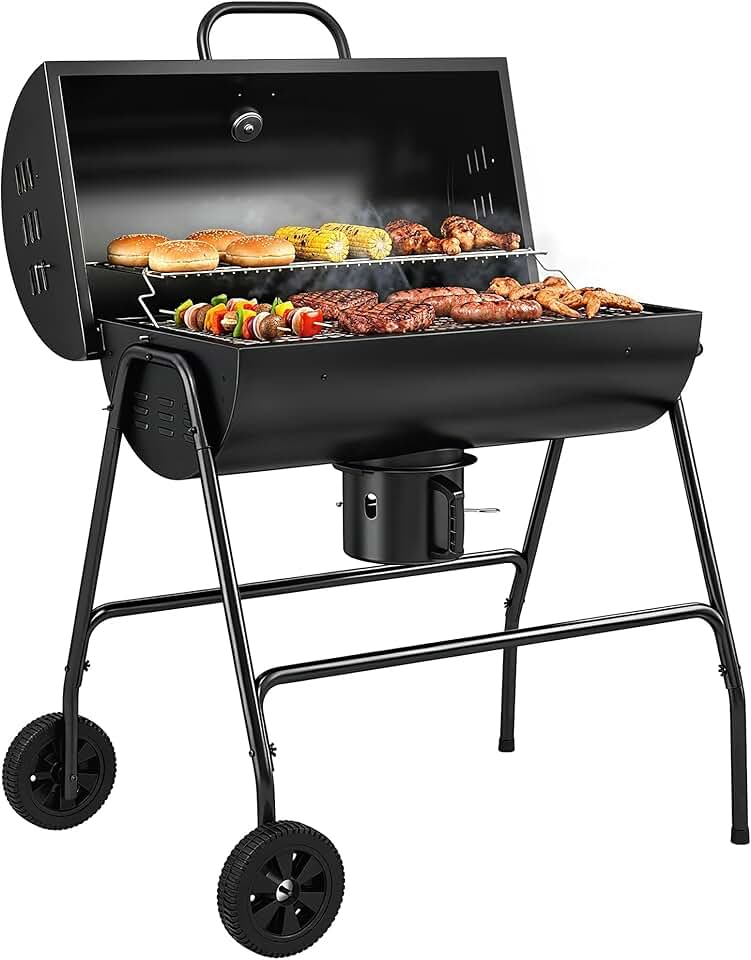 jardinite - barbecue charbon de bois, 95x71,5x102cm, couvercle, thermomètre, roues