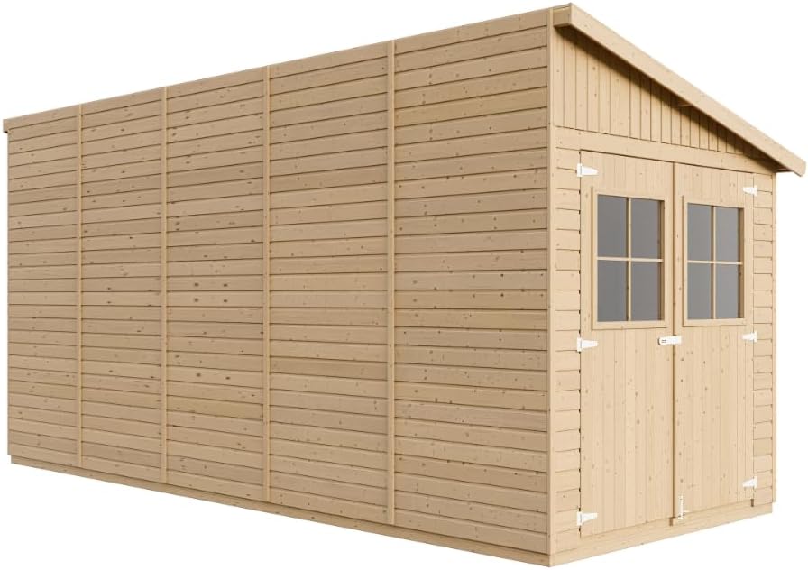 Abri de Jardin en Bois Naturel (avec paroi latérale) Plus Les PLANCHERS IMPRÉGNÉ- Stockage extérieur avec fenêtres- H244x218x514 cm/10 m2- Atelier Rangement Outils et vélos- jardinite M341A+M341G