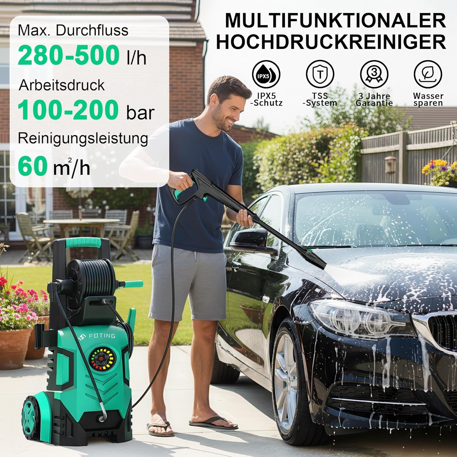 Nettoyeur haute pression - écran tactile, 8 niveaux, 6 buses, 280–500 l/h, canon à mousse, 2026New