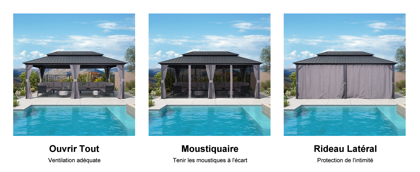 Trois structures au bord de la piscine montrées : un belvédère en plein air, un pavillon grillagé et une structure avec rideaux latéraux. Chaque image est étiquetée en français.