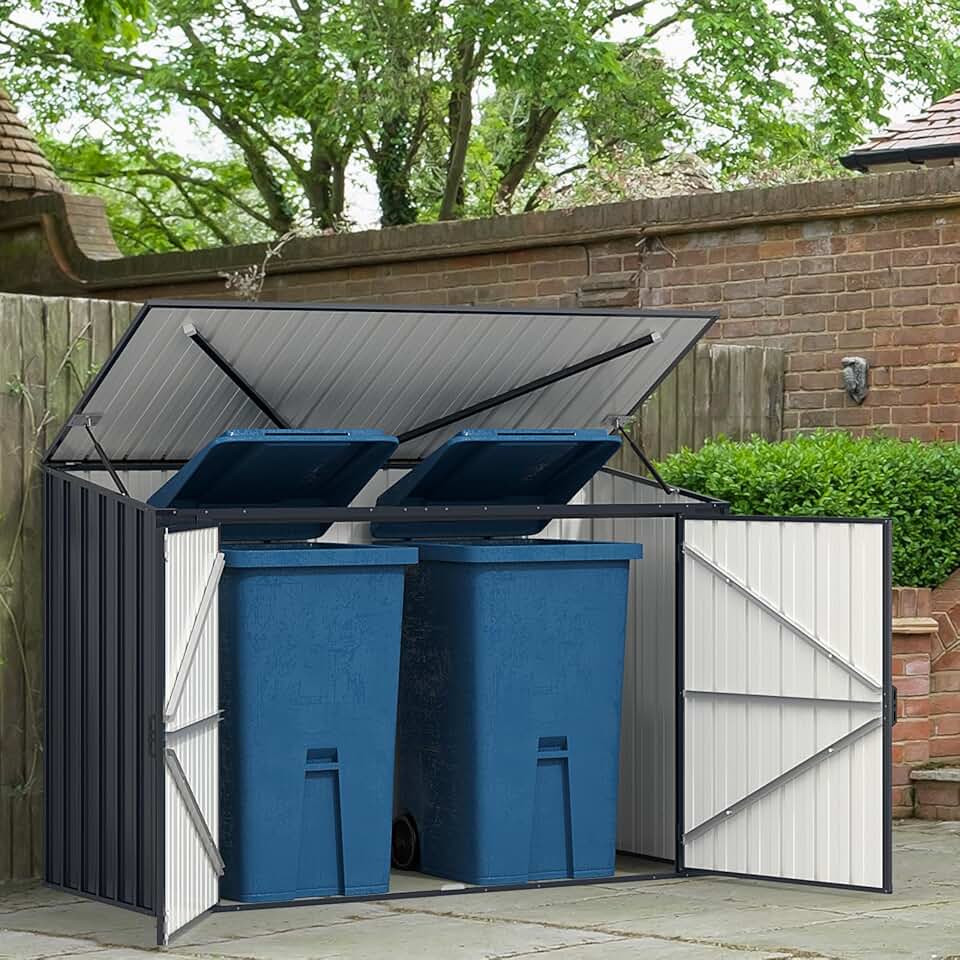 jardinite Abri de Jardin en Métal Galvanisé 1,9 M³, Cabane de Jardin Exterieur avec Double Porte Verrouillable, Couvercle Rabattable, Vérin à Gaz Hydraulique, Cache Poubelle pour Vélo, Outils