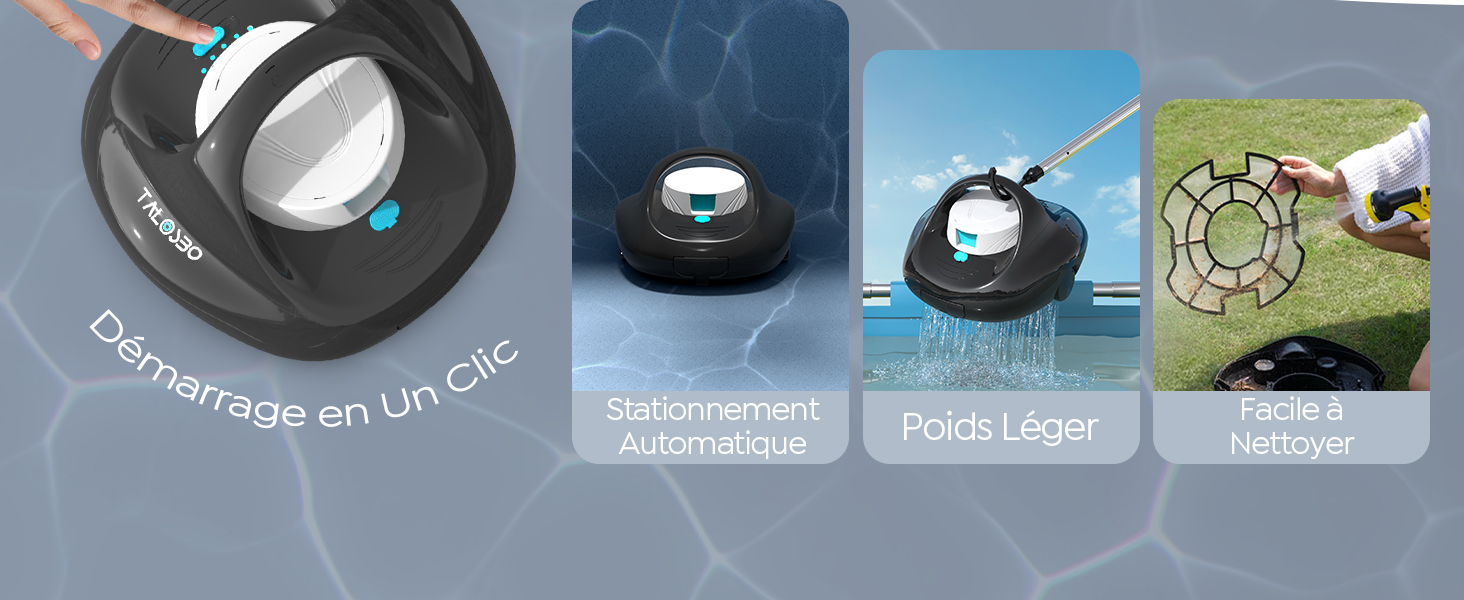 Démonstration de produit à quatre panneaux montrant un dispositif circulaire noir dans différents réglages et positions extérieurs.