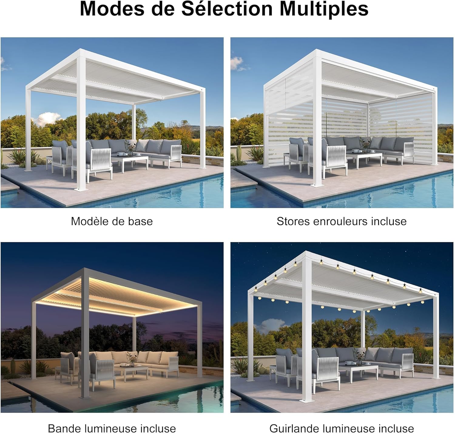 jardinite - pergola bioclimatique - 4,24x3m - aluminium, stores enrouleurs, lames orientables