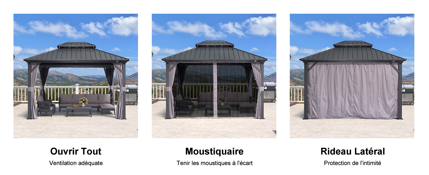 avec moustiquaires et rideaux rétractables. Trois panneaux montrent des configurations de structure ouverte, de moustiquaire et de rideaux latéraux