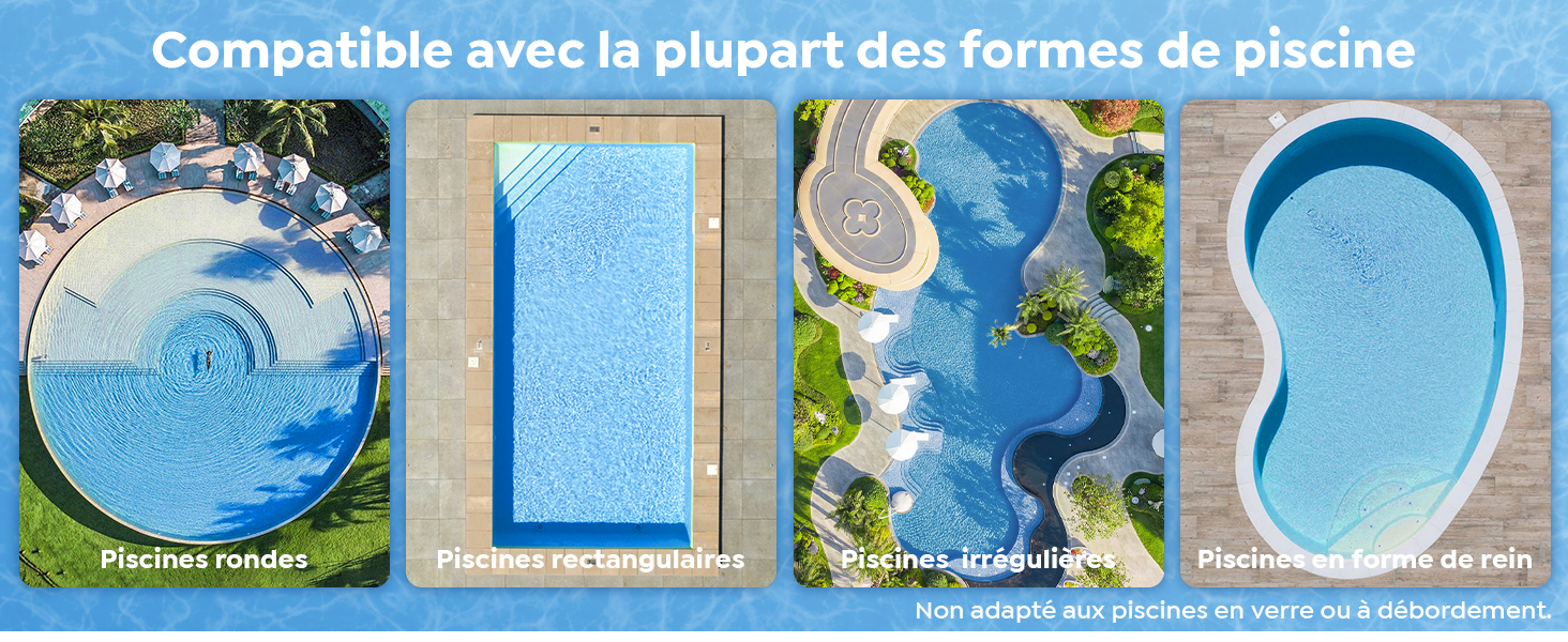 Le texte indique « Compatible avec la plupart des formes de piscine » (Compatible avec la plupart des formes de piscine). Quatre revêtements de piscine illustrés : piscine ronde, piscine rectangulaire, piscine en forme de rein et piscine ovale aux eaux bleues.
