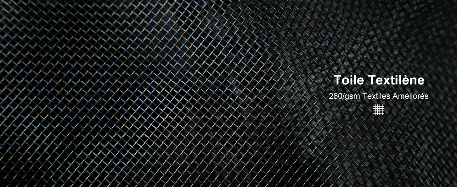 Vue rapprochée d'un matériau en maille texturée noire ou à motif quadrillé avec superposition de texte « Toile Textilène