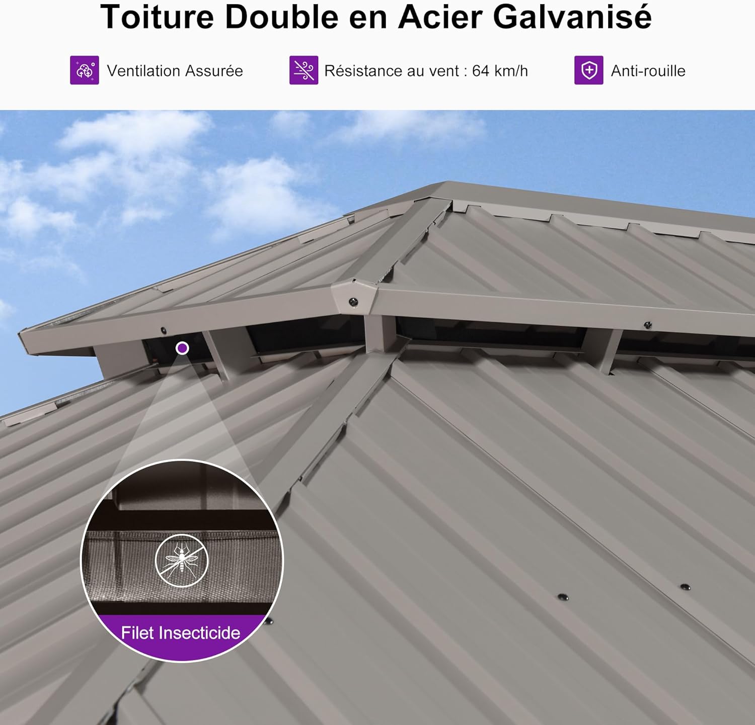 jardinite - pergola aluminium - 3,65x3m - double toit, moustiquaire, rideaux