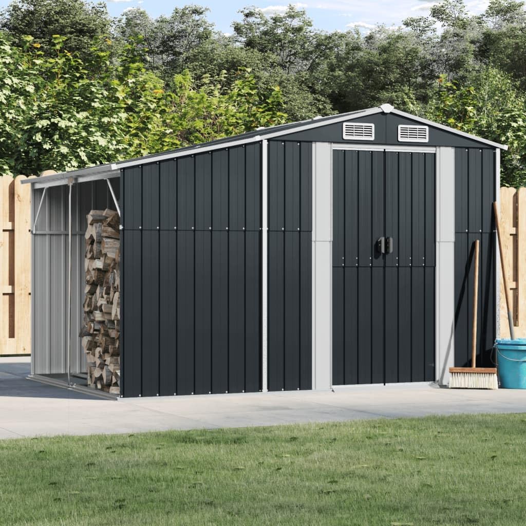 Abri de jardin en acier galvanisé – Soute à outils en métal avec toit incliné pour bûches et charbon – 277 x 192,5 x 179 cm – Solution de rangement extérieure durable en anthracite