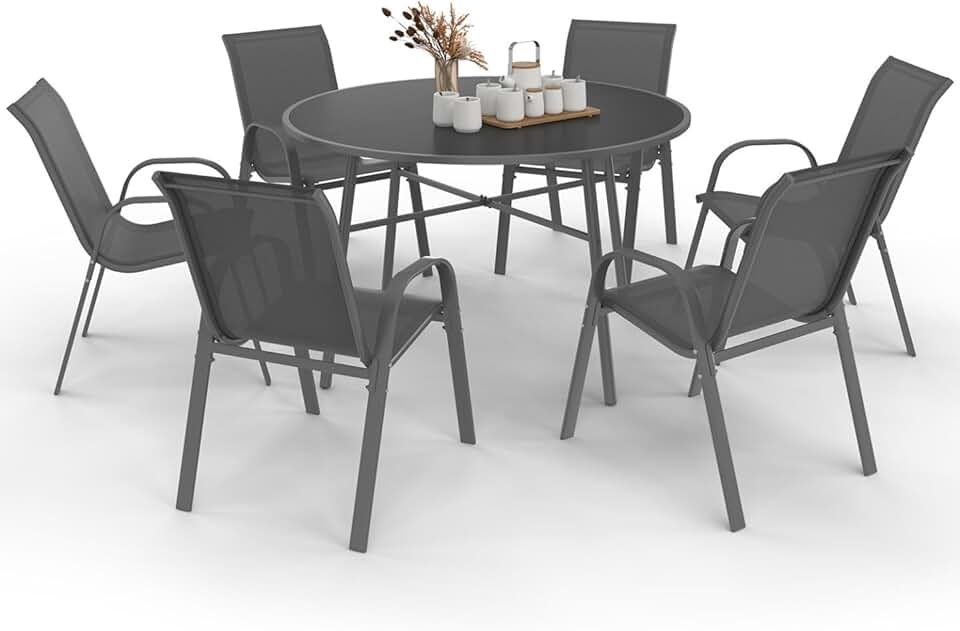 jardinite - Salon Madrid - table ronde 120cm, 6 chaises empilables, gris anthracite