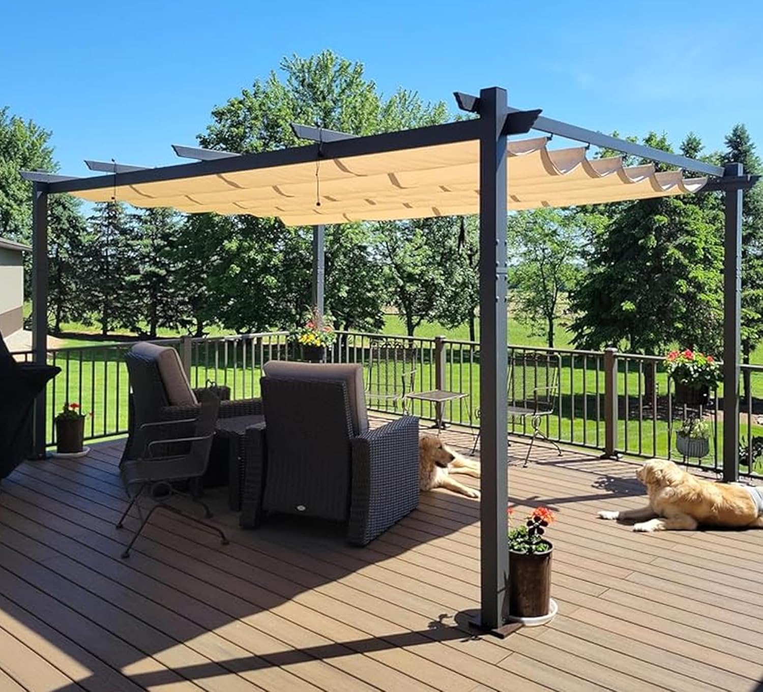 jardinite - Pergola aluminium série - 4,8x3,5m - toit coulissant, tissu teint fil, kaki