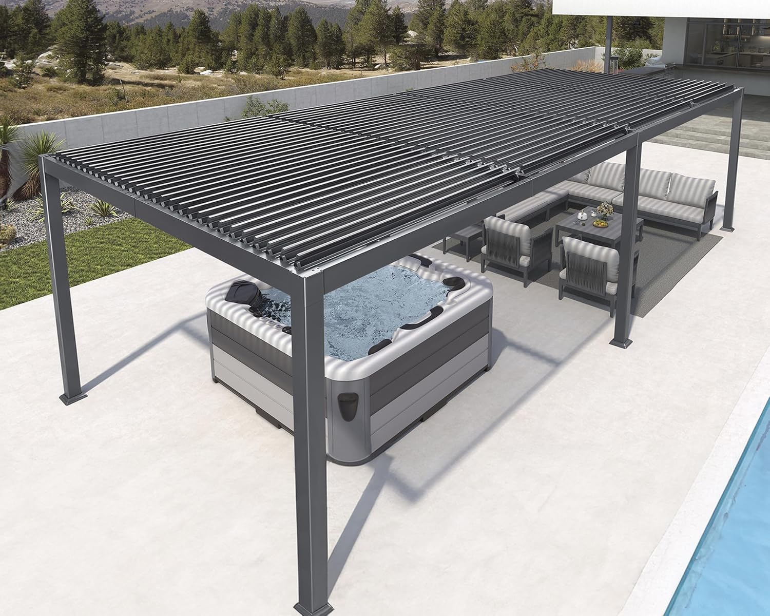 jardinite - Pergola bioclimatique série - 3,5x8,5m - aluminium, lames orientables, jardin, terrasse, gris