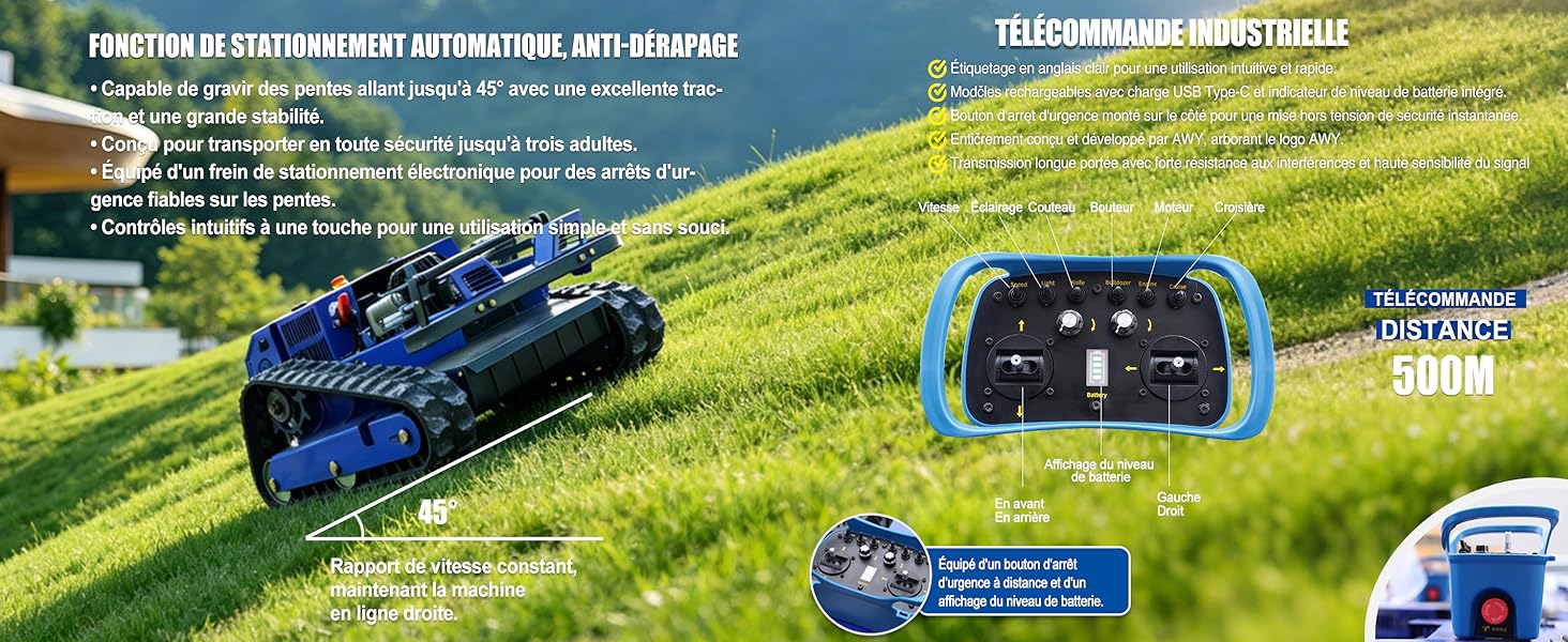 Le texte indique « FORCE WISER STEUERUNG I 2013 INTEGRATION » et « TELECOMMANDE INTELLIGENTE ». Appareil de pêche télécommandé bleu affiché sur l'herbe avec unité de commande bleue, indiquant les spécifications et caractéristiques techniques.