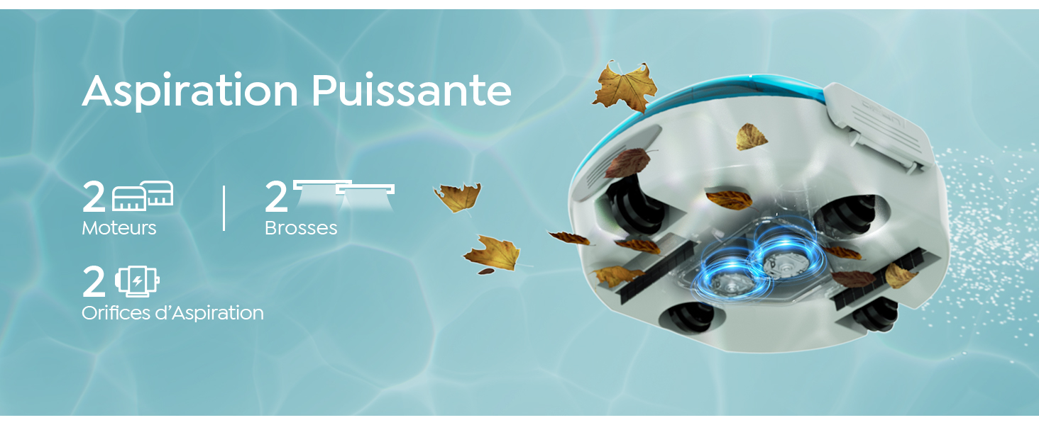 Le texte indique « Aspiration Puissante » avec des chiffres « 2 » et des icônes. L'image du produit montre un appareil bleu et blanc avec des décorations de papillons sur fond bleu clair.