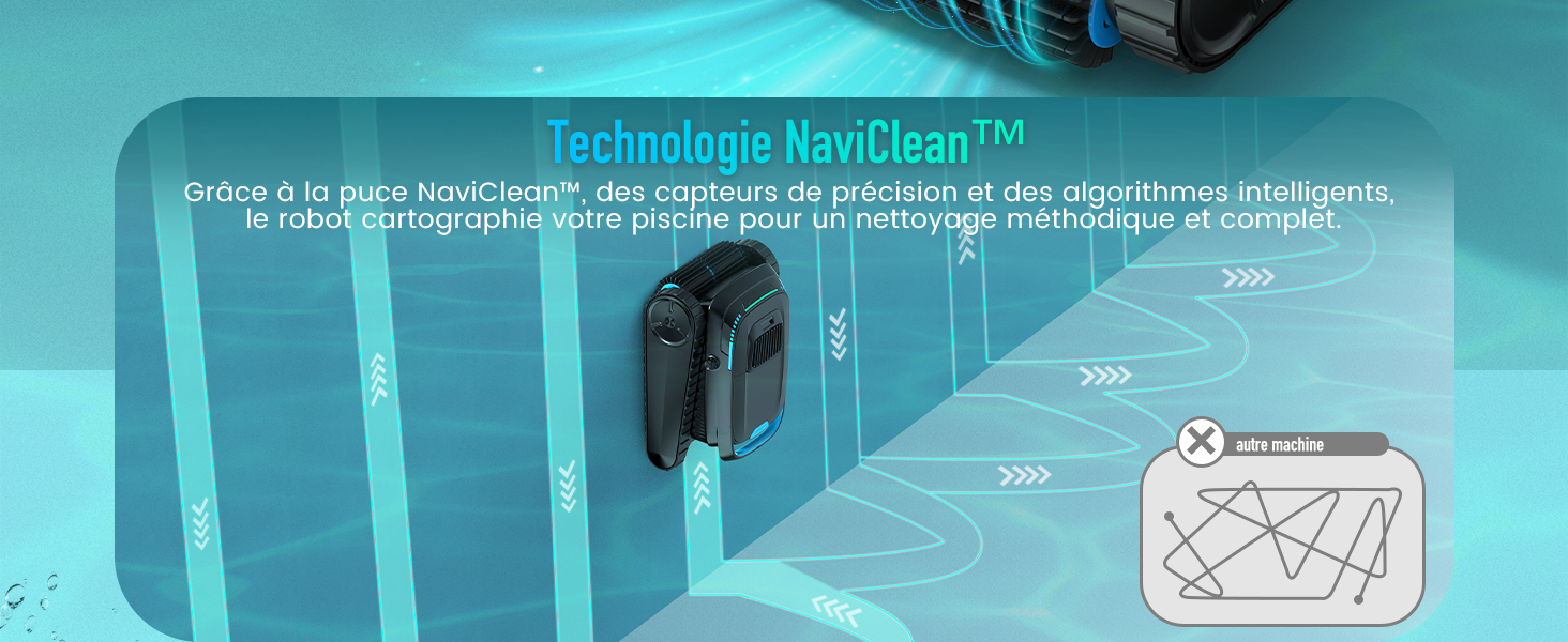 Le texte indique « Technologie NayDean » et « phase à 3 jours technologique data complete on tracking et des algorithmes intelligents... » Scène sous-marine bleue montrant un appareil cylindrique avec des spécifications techniques et un schéma du système.