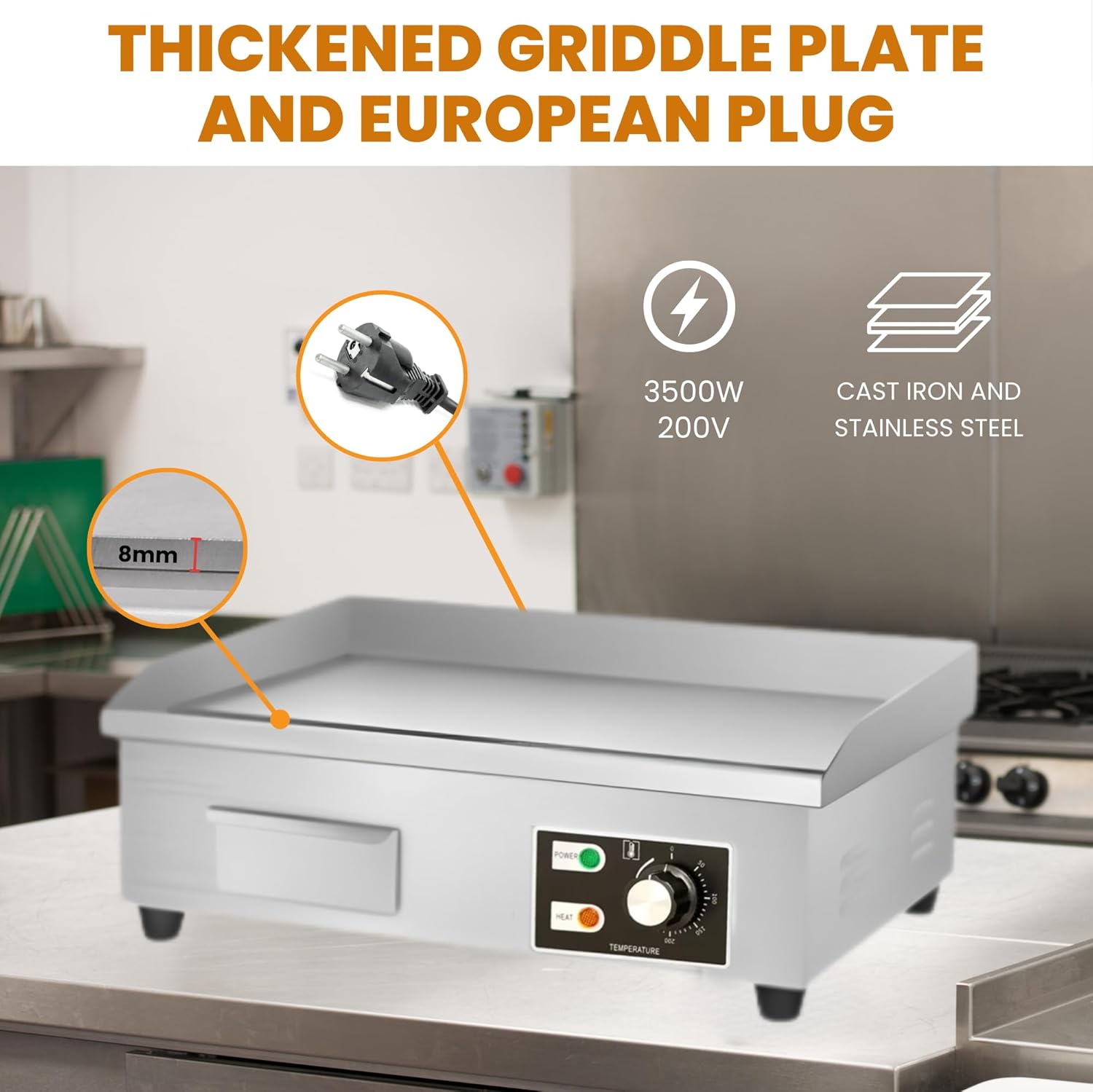 Plancha électrique - 55x35cm - inox, 3000W, bac à graisse, 50-300ºC
