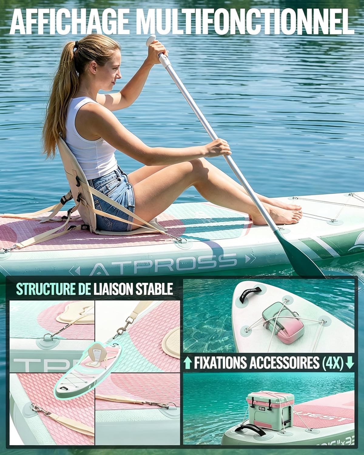 Stand Up Paddle Gonflable Adulte avec Siège Kayak & Accessoires, 320x84cm Planche de Sup Extra Large pour 2 Personnes, Charge 200kg, Kayak Gonflable 2 Places Stable et Antidérapant pour Surf