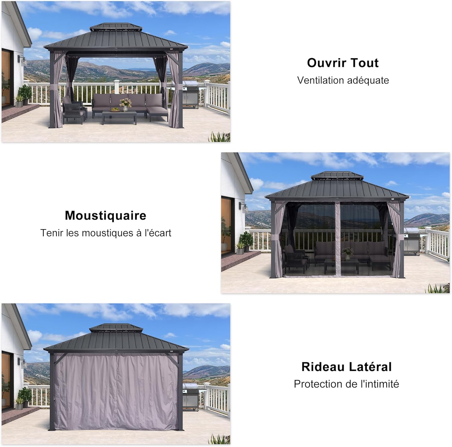 jardinite - Pergola aluminium double toit 3,65x3m rideaux moustiquaire